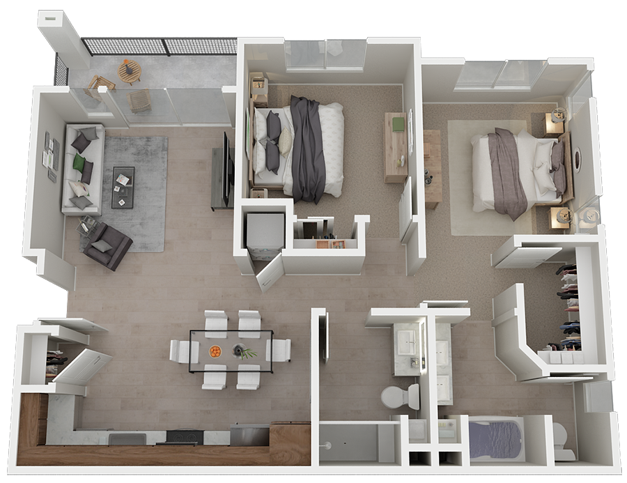 Floor plan for 2 beds, 2 baths, 1068 sqft